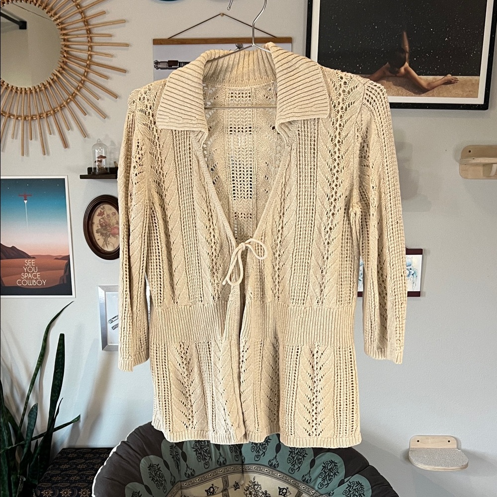 Women's Tie 3/4 Sleeve Knit Cardigan with Collar